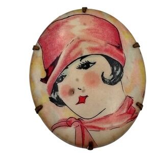 ANTIQUE TRUE Art Deco Flapper Girl Oval Brooch Pink Cloche Hat 1920s C clasp